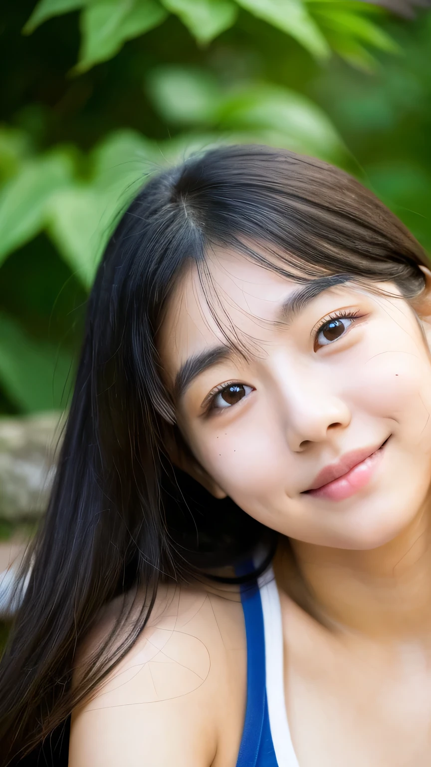 masterpiece High resolution Female student Delicate face Thick eyebrows Deep-set eyelids very cute natural atmosphere boyish 16 years old Shortcuts Dimples Mole Tanuki face Tank top Please open your mouth wide Make fun of them Listen to the Earth、Let's hear that sound