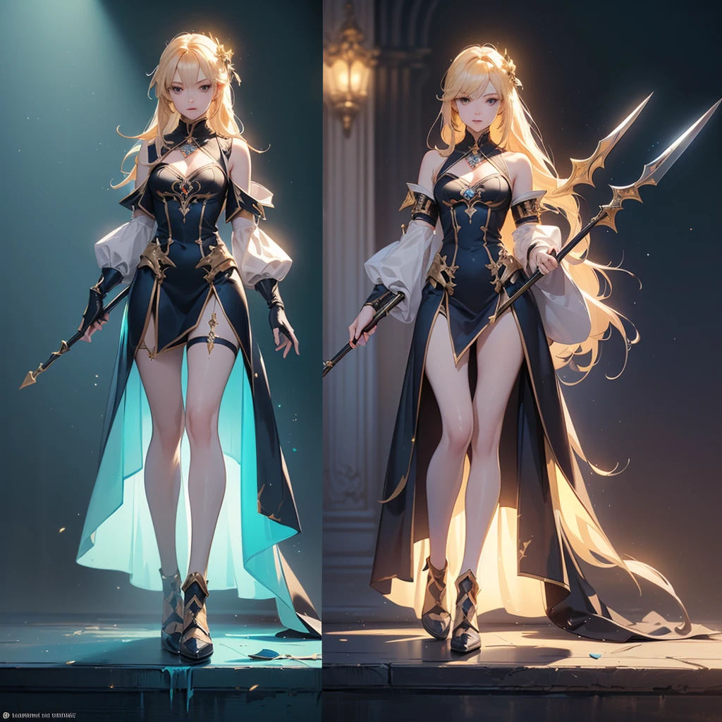 Design a layout showcase Gaming character, (1girl). Golden+Purle clothes, stylish and unique, ((showcase weapon:1.4)), magic staff, (masterpiece:1.2), (best quality), 4k, ultra-detailed, (Step by step design, layout art:1.5), (luminous lighting, atmospheric lighting), magican, ((glove full hands)), (((revealing clothes:1.3))), vambraces, armored legwear, (((full_body_shot:1.4)))