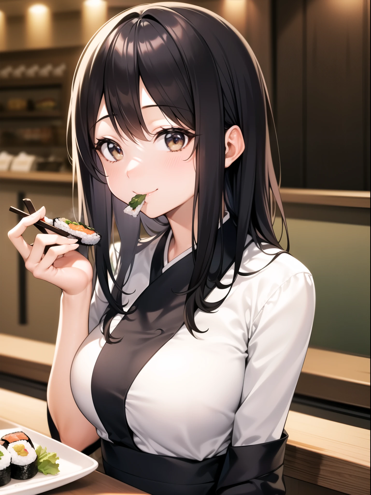 Scene focused on young woman eating sushi。She sits at the counter、Smiling and staring at the sushi。She has long black hair and is dressed casually.、You can see how much they enjoy eating sushi.。Colorful sushi plates lined up on the counter、Other customers and staff can be vaguely seen in the background.。In the bright and clean atmosphere of the restaurant、The moment when the woman enjoys sushi is emphasized.。