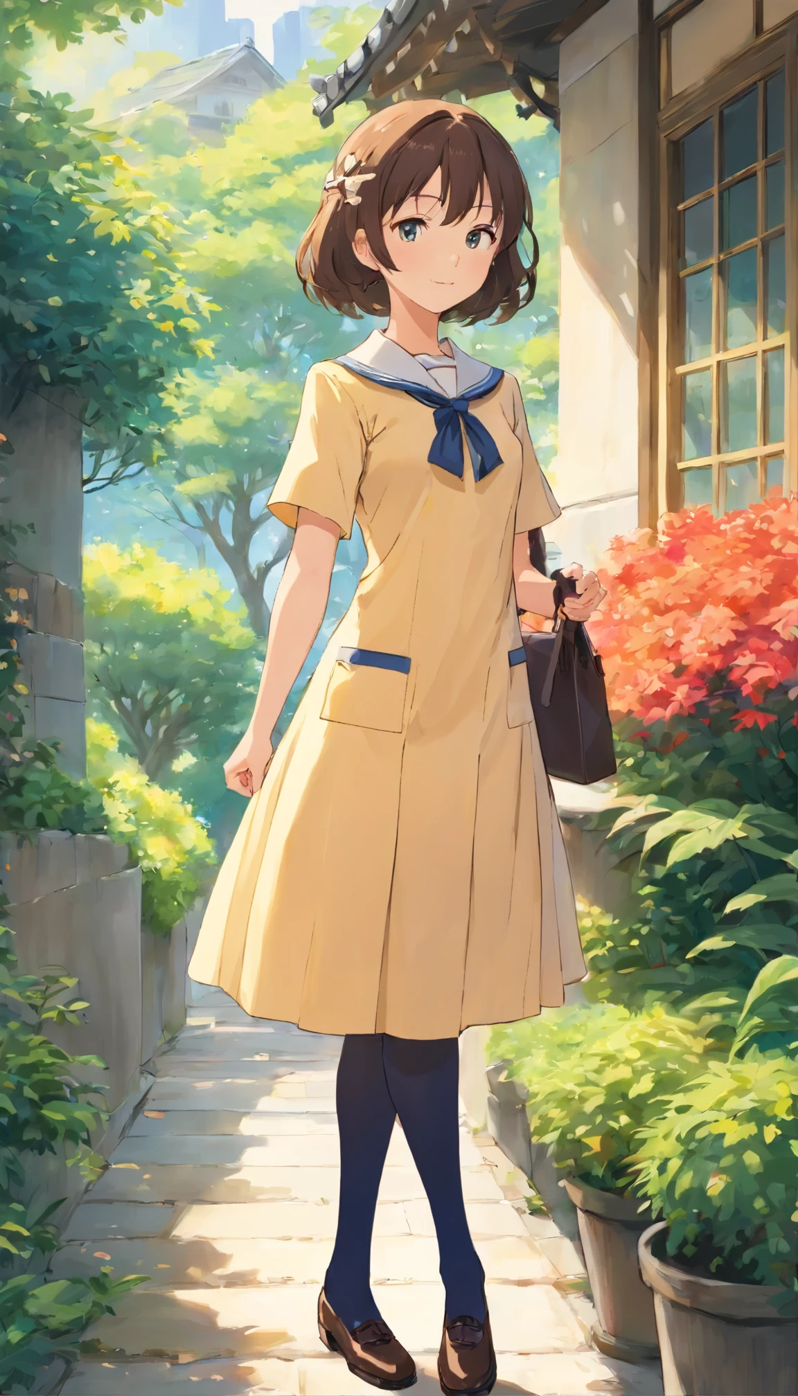 (Super detailed)highest quality:25歳の女性の全身肖像画in、大きくて表情豊かな目を持つ繊細in美しい顔(1.1)Introducing。Casually stylish female white collar uniform(1.2)Wear、特に襟と袖口の周りに細かいディテールが施されたオフィスユニフォームWearています。Her slim body、This is accentuated by the contrast between the sleek lines of the uniform and the elegance of the black stockings.。 The outdoor scene is bathed in soft natural light on a sunny afternoon.、It provides an idyllic backdrop for this enchanting portrait.。in