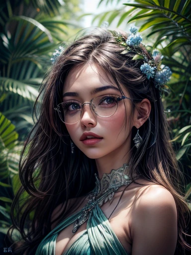 (melhor qualidade,4k,high resolution,Obra de arte:1.2),ultra-detalhado,realista,retrato, inteligente e confiante, Lilly Krug, Jaqueta azul,olhos detalhados, detailed lips,inteligente,wearing glasses,na moda,parado em um jardim vibrante,flores bonitas florescendo,Colorida,soft lighting,folhas farfalhando na brisa,atmosfera serena,criatividade,harmonia,energia positiva,Feeling of tranquility,felicidade,artistic style,tons de azul e verde,pinceladas finas,meticulous attention to detail,professional illustration,exquisite rendering,cores vivas,vista perfeita,Perfectly balanced composition,efeitos de pintura hipnotizantes,obra de arte inspiradora