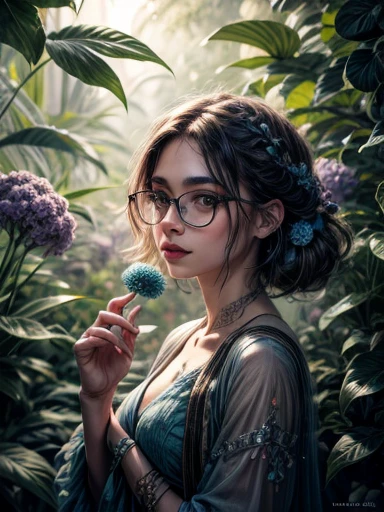 (melhor qualidade,4k,high resolution,Obra de arte:1.2),ultra-detalhado,realista,retrato, inteligente e confiante, Lilly Krug, Jaqueta azul,olhos detalhados, detailed lips,inteligente,wearing glasses,na moda,parado em um jardim vibrante,flores bonitas florescendo,Colorida,soft lighting,folhas farfalhando na brisa,atmosfera serena,criatividade,harmonia,energia positiva,Feeling of tranquility,felicidade,artistic style,tons de azul e verde,pinceladas finas,meticulous attention to detail,professional illustration,exquisite rendering,cores vivas,vista perfeita,Perfectly balanced composition,efeitos de pintura hipnotizantes,obra de arte inspiradora