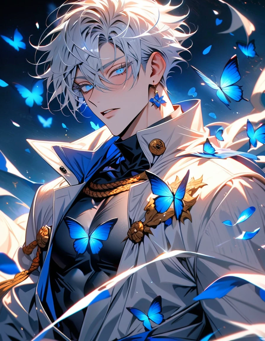 absurdres, highres, ultra detailed, HDR, master piece, best quality, Gojo Satoru, white hair, with bangs, hair between the eyes, expressive blue eyes, white eyelashes, Jujutsu Kaisen, solo, sexy man, handsome, white coat, black tight shirt, toned chest, glittering blue butterflies, blue petals, blue flowers, magical, fantasy, blue background