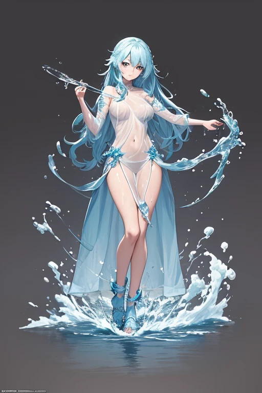 (masterpiece, best quality, high resolution), (full body:1.2), solo, 1girl, water goddess, liquid skin, liquid hair, , jrpg character concept art
