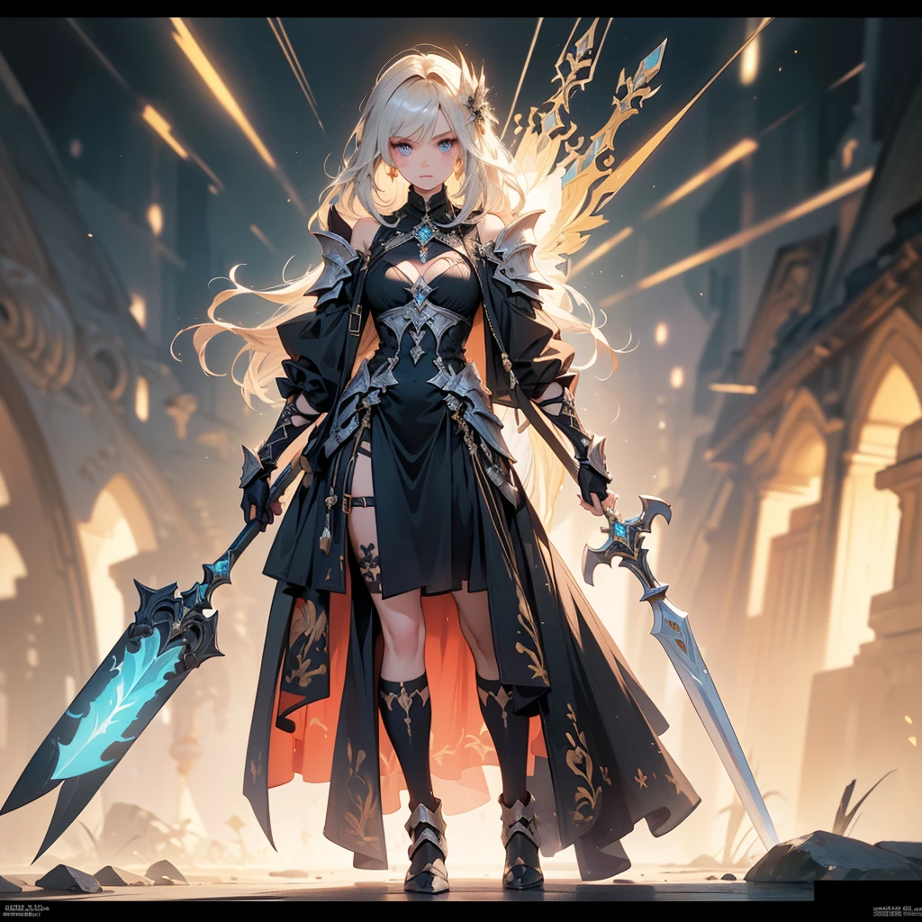 (((masterpiece, best quality, high detailed, 8k))) Design a layout showcase Gaming character, (1girl). Black|Gold clothes, stylish and unique. ((showcase weapon:1.4)), dark scythe. (masterpiece:1.2), (best quality), 4k, ultra-detailed. (Step by step design, layout art:1.5), (luminous lighting, atmospheric lighting). necromancer, ((glove full hands)), (((revealing clothes:1.3))), vambraces, armored legwear, (((full_body_shot:1.4))). {In a haunted graveyard}.