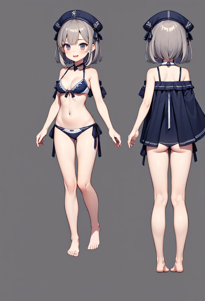 One girl, Super detailed、Clear lines、alone, smile, masterpiece, highest quality,  VTuber - whole body,  short hair、Simple bikini、Simple Background、Standing in front of the viewer、barefoot、Smaller breasts、Character design sheet、