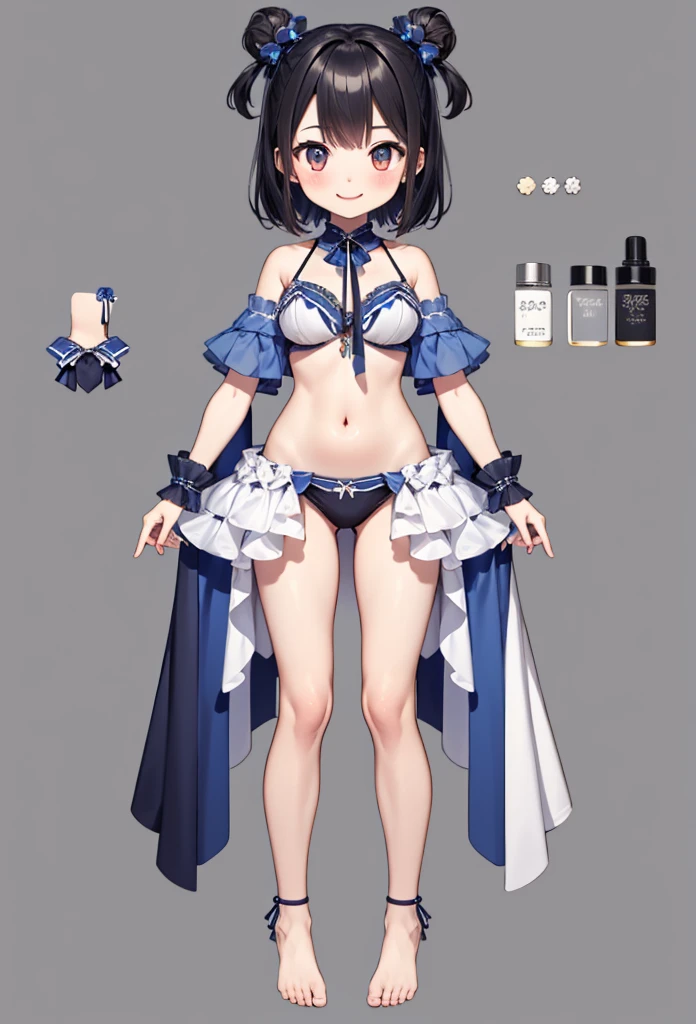 One girl, Super detailed、Clear lines、alone, smile, masterpiece, highest quality,  VTuber - whole body,  short hair、Simple bikini、Simple Background、Standing in front of the viewer、barefoot、Smaller breasts、Character design sheet、