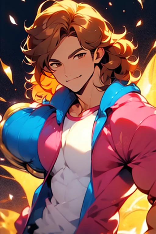 avatar,short wavy hair, white shirt,pink jacket, young male, brown eyes, night time, brown hair, smirk, golden crown