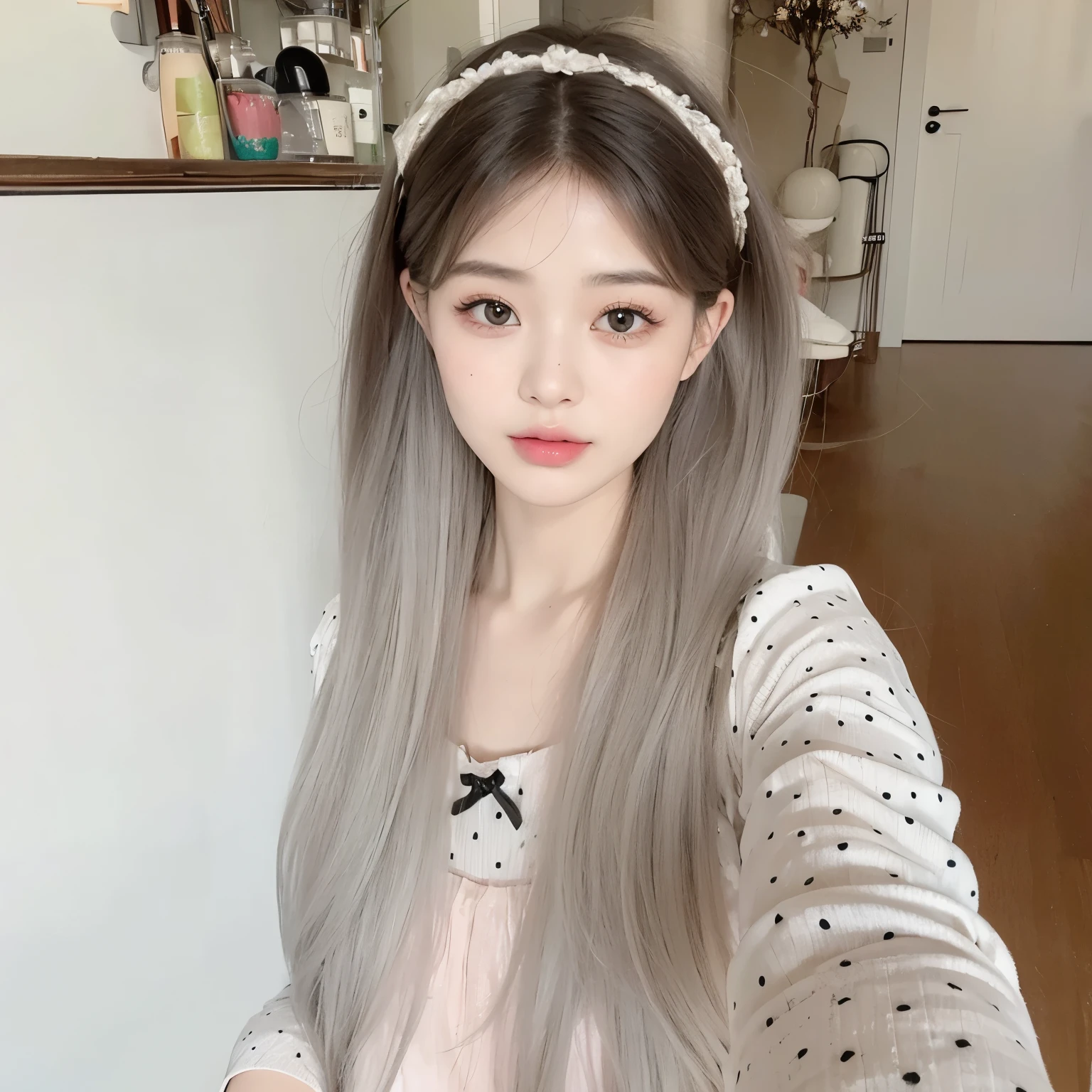 masterpiece, best quality, Girl wearing polka dot top，Gradient gray hair，Flowing long hair，Long straight hair，pretty girl，a girl，Exquisite facial features，