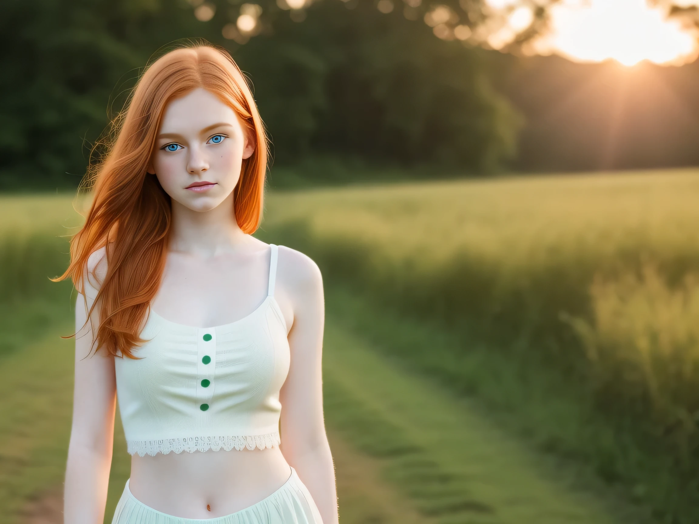ultra realistic image, a ginger ager girl, cute face, big green eyes, with a little freckles, a top, full body, at dawn, round face, pale skin, full body, standing