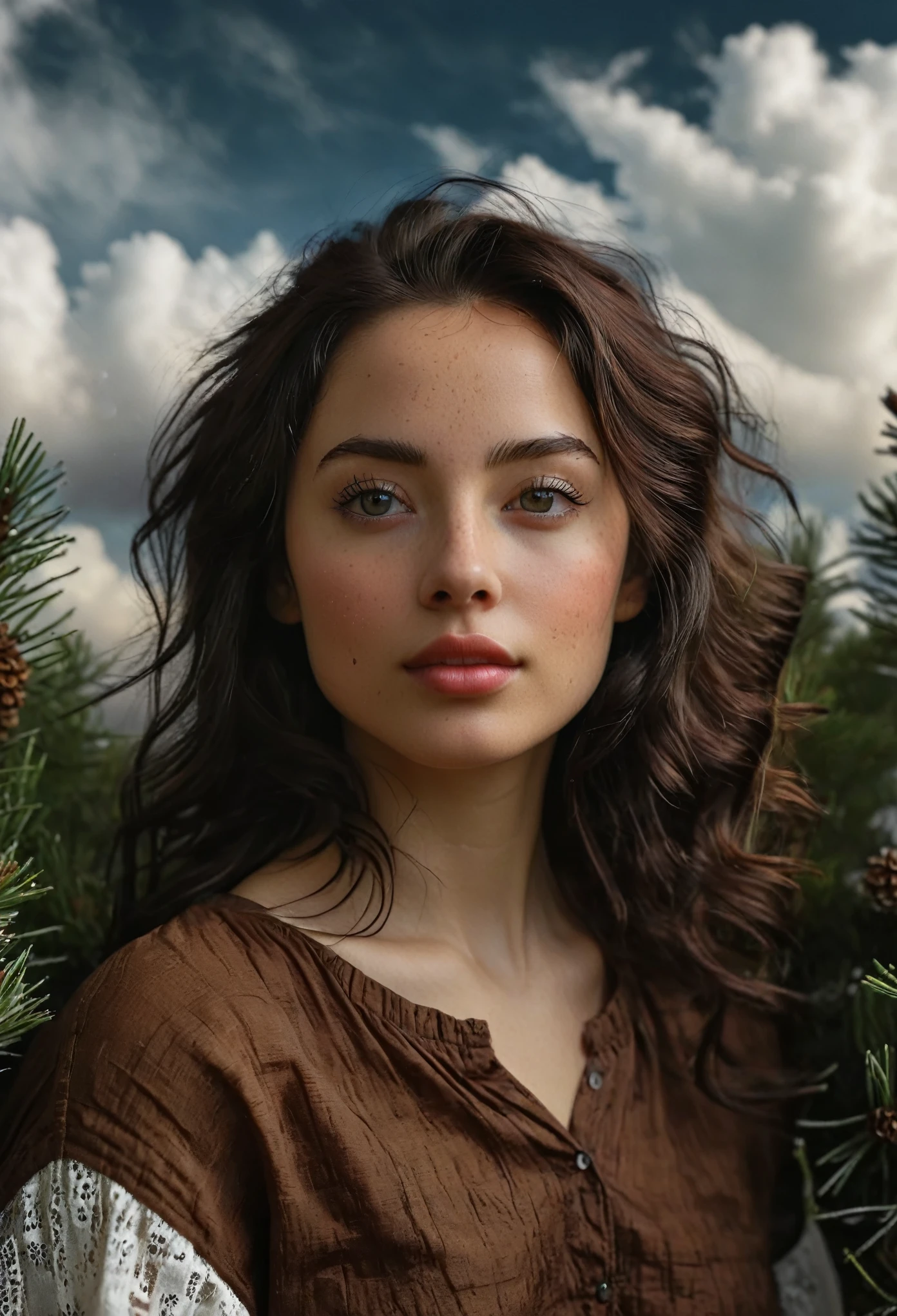 photo of beautiful (dark skin girl:1.4) in front clouds, she's facing front to camera, skin is smooth and radiant, film quality, woman (ultra-realistic , she's in deep darkness ,soft accents, gorgeous rembrandt like lighting, (Rembrandt patch), photo with background of white clouds, miniature pine trees, (highest quality textured cotton ball backdrop), lush clouds with accent highlights(highest quality), Her luscious, natural dark hair cascades down, framing her face with an aura of allure. With striking eyes, adorned with long lashes, eyes, the color of rich deep colors, ancient seduction and passion. Finely detailed(Fine-grained), (highest detail skin texture peach-fuzz earlobe realistic) ○○ res – ○○ resolution ultra high res(A high resolution) , very high texture res(light resolution), Realistic – Realistic Photorealistic – (photorealistic beautiful eyes, lashes, pupil colors, 4k) , 8K,extreme detail, close and intimate, she looks direct to viewer, captivating eyes looking at us,Her perfectly sculpted lips, highly real lipglass,painted a bold shade of crimson. she is Ingres, Vermeer, work of art, indulge in the exploration of desire.solo woman, (highest quality skin), long hair, every detail,Fine facial features, micro-details of skin and hair Masterpiece – Masterpiece ○○ quality – ○○ quality best quality(Highest Quality) ,Leica film, best, solo female, High quality (hiquality) etc ○○ detailed – ○○ details ultra-fine detailed(micro details), Photorealistic, Extremely detailed(Extremely detailed) , Finely detailed(Fine-grained), (highest detail skin texture) ○○ res – ○○ resolution ultra high res(A high resolution) , very high texture res(light resolution), Realistic – Realistic Photorealistic – photorealistic beautiful – beautiful 4k , 8K, relaxed, close and intimate,