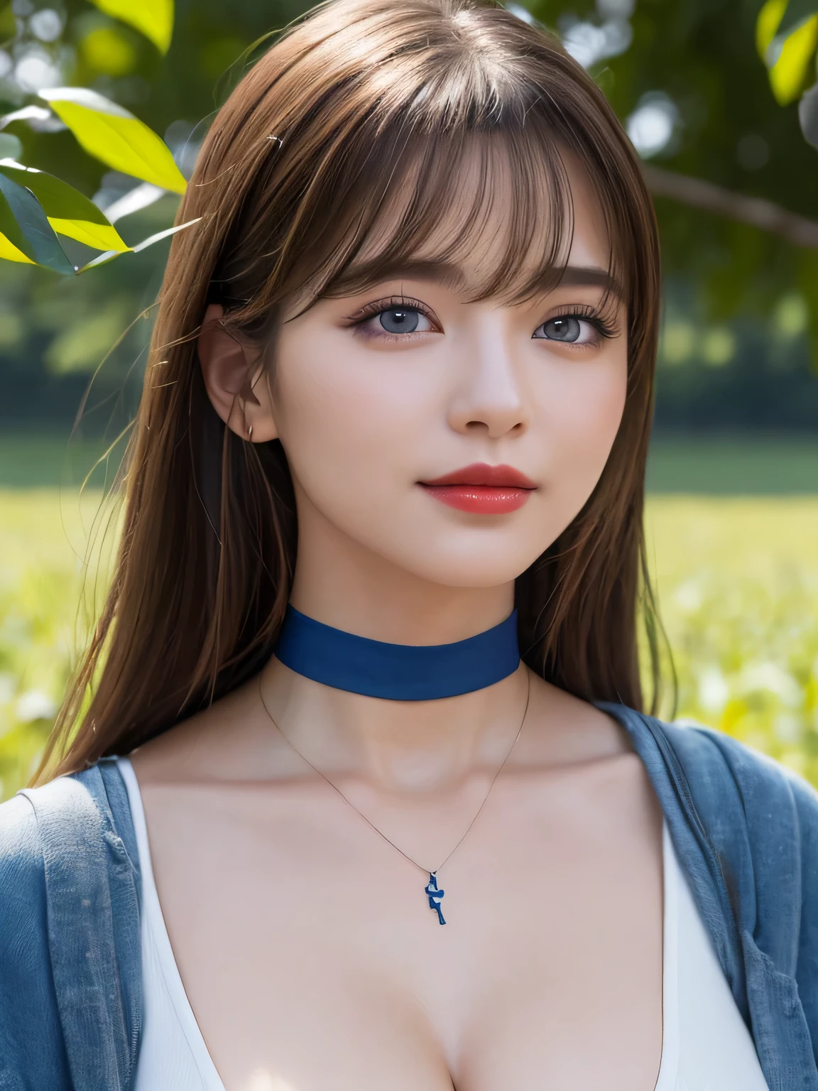 (highest quality, masterpiece:1.3, 超A high resolution), (Very detailed, Caustics), (Realistic:1.4,RAW shooting,)Ultra-Realistic Capture,Very detailed,High resolution 16k, Human skin close-up, The skin texture is natural, It must be detailed enough to be easily identifiable.。 Skin should look healthy and have an even tone。 Use natural light and color, ((agricultural work,Farmer、field)), ((the body is slim)), girl, Japanese, 18-year-old, cute, Long Hair, Big Breasts, smile, Turn your body forward, (View from the front:1.1), Looking into the camera, focused on the chest, Light brown hair, ((Black choker)), Lots of long eyelashes, blue eyes, bangs、farm, Big Breasts, Red lips, Standing posture, female farmer、blue sky