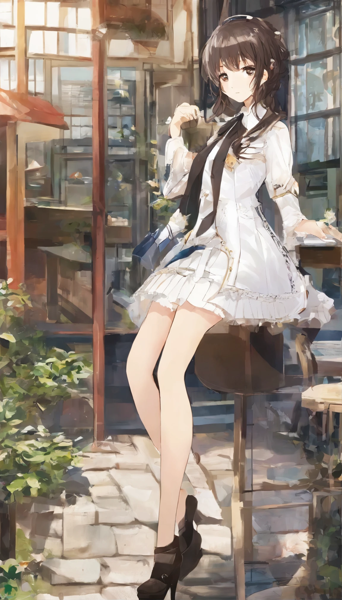 (Super detailed)highest quality:Full-body portrait of a 25-year-old woman、A delicate and beautiful face with large, expressive eyes(1.1)Introducing。Casually stylish female white collar uniform(1.2)Wear、特に襟と袖口の周りに細かいディテールが施されたオフィスユニフォームWearています。Her slim body、This is accentuated by the contrast between the sleek lines of the uniform and the elegance of the black stockings.。 The outdoor scene is bathed in soft natural light on a sunny afternoon.、It provides an idyllic backdrop for this enchanting portrait.。