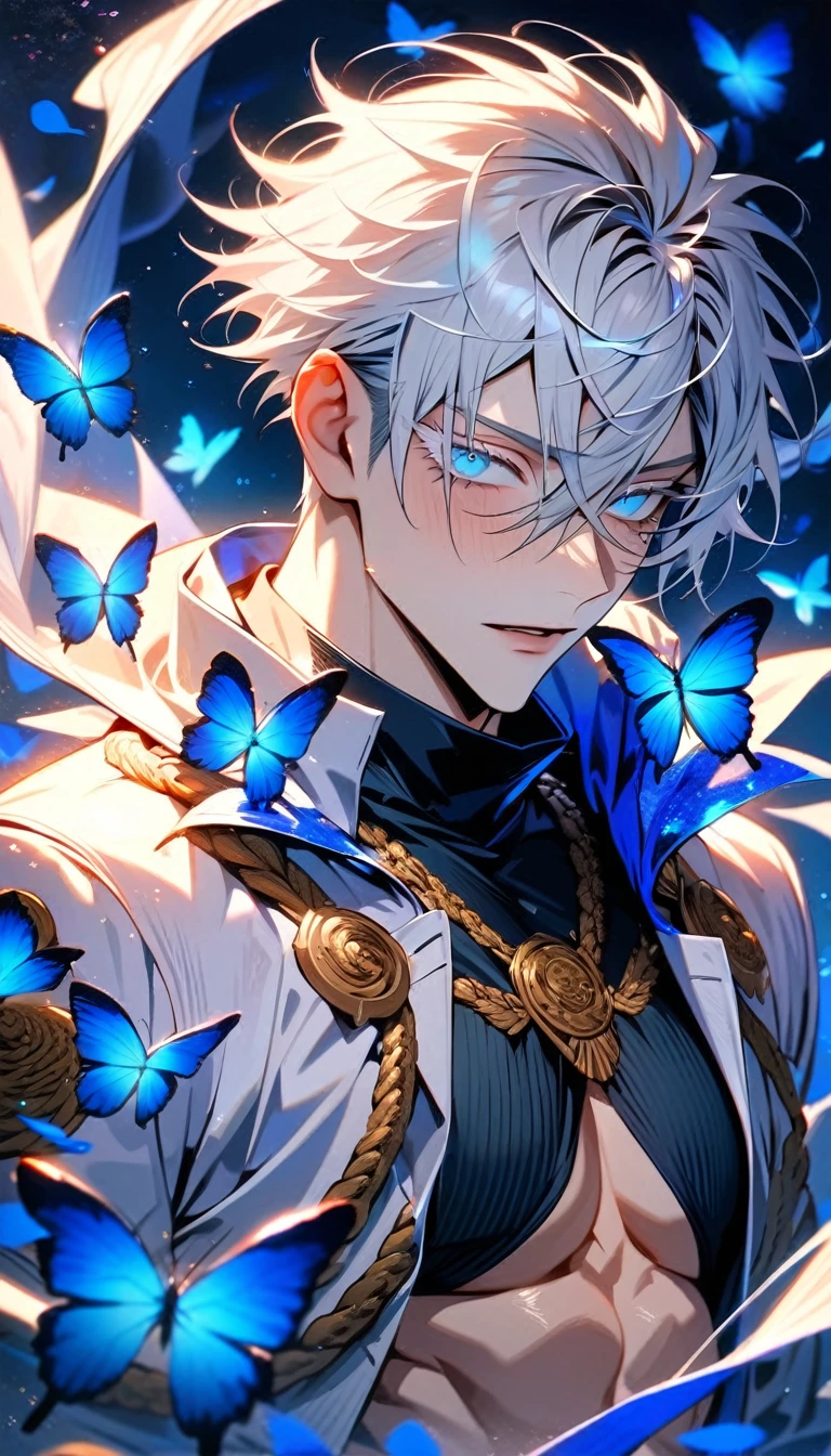 absurdres, highres, ultra detailed, HDR, master piece, best quality, Gojo Satoru, white hair, with bangs, hair between the eyes, expressive blue eyes, white eyelashes, Jujutsu Kaisen, solo, sexy man, handsome, white coat, black tight shirt, toned chest, glittering blue butterflies, blue petals, blue flowers, magical, fantasy, blue background