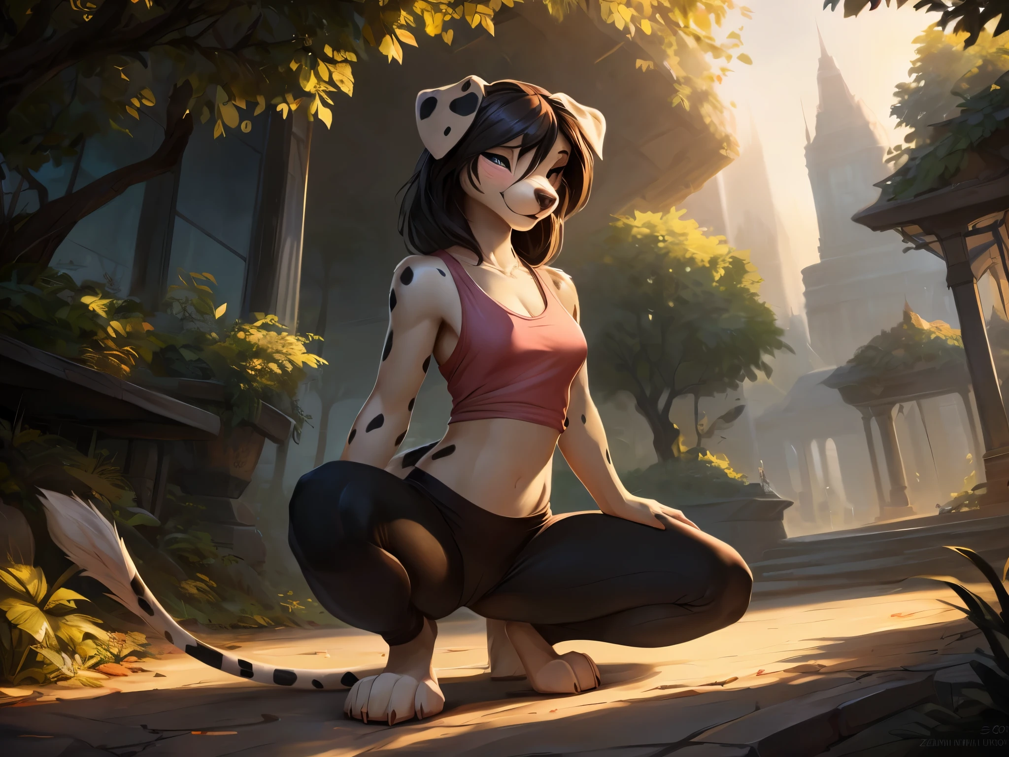 uploaded on e621,by hioshiru, by zaush, by Einshelm, solo anthro, ((Portrait)), BREAK, (detailed Bonifasko lighting), Nature Goddess, (Detailed fur), (detailed skin), BREAK, (Cinematic lighting), ((Detailed background)), (half body shadow), [Backlighting], [crepuscular ray], [Detailed ambient light], [gray natural lighting], [ambient light on the belly], (higher wildlife feral detail), [explict content], [sharp-focus], (Questionable content), (shaded), ((Masterpiece), furry fantasy art, anthro art, commission for high res, Furry art, Masterpiece, Best Quality, Detailed image, Bright colors, Detailed Face, perfect lighting, Perfect shadows, Perfect eyes, focus on girl, gorgeous body, Hourglass body, black and white skin, two toned markings, spots, 1girl, full body, (Masterpiece:1.2), (Best Quality:1.2), (illustartion:1.2), (Cinematic lighting:1.3), Detailed skin, Balanced coloring, Global Illumination, Ray Tracing, good lighting, female, ((dalmation)), (canine), anthro, showing hips, attractive body, sexy body, thick-thighs, Suggestive Pose, realistic hands, city park background, modern city, small breasts, skinny, digitigrade legs, paws, full body portrait, ((thin tail)), short fur, shy, blushing, (floppy ears), folded over ears, dark hair, black ears, (pink tank top), yoga pants