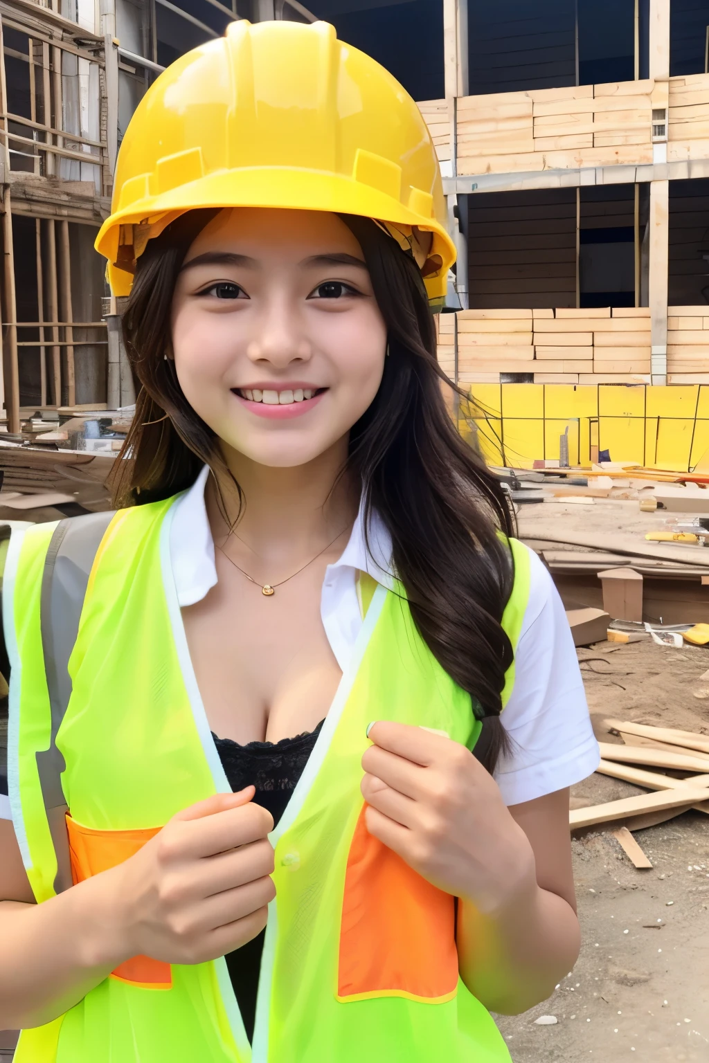 A 19-year-old girl with a very cute face like an idol who looks 15.、Gentle and cute、A kind smile、Building construction workers Yellow Helmet、Work clothes、Building construction site、Cleavage、whole body、RAW Photos、Genuine、Genuine、High resolution、Genuine Life