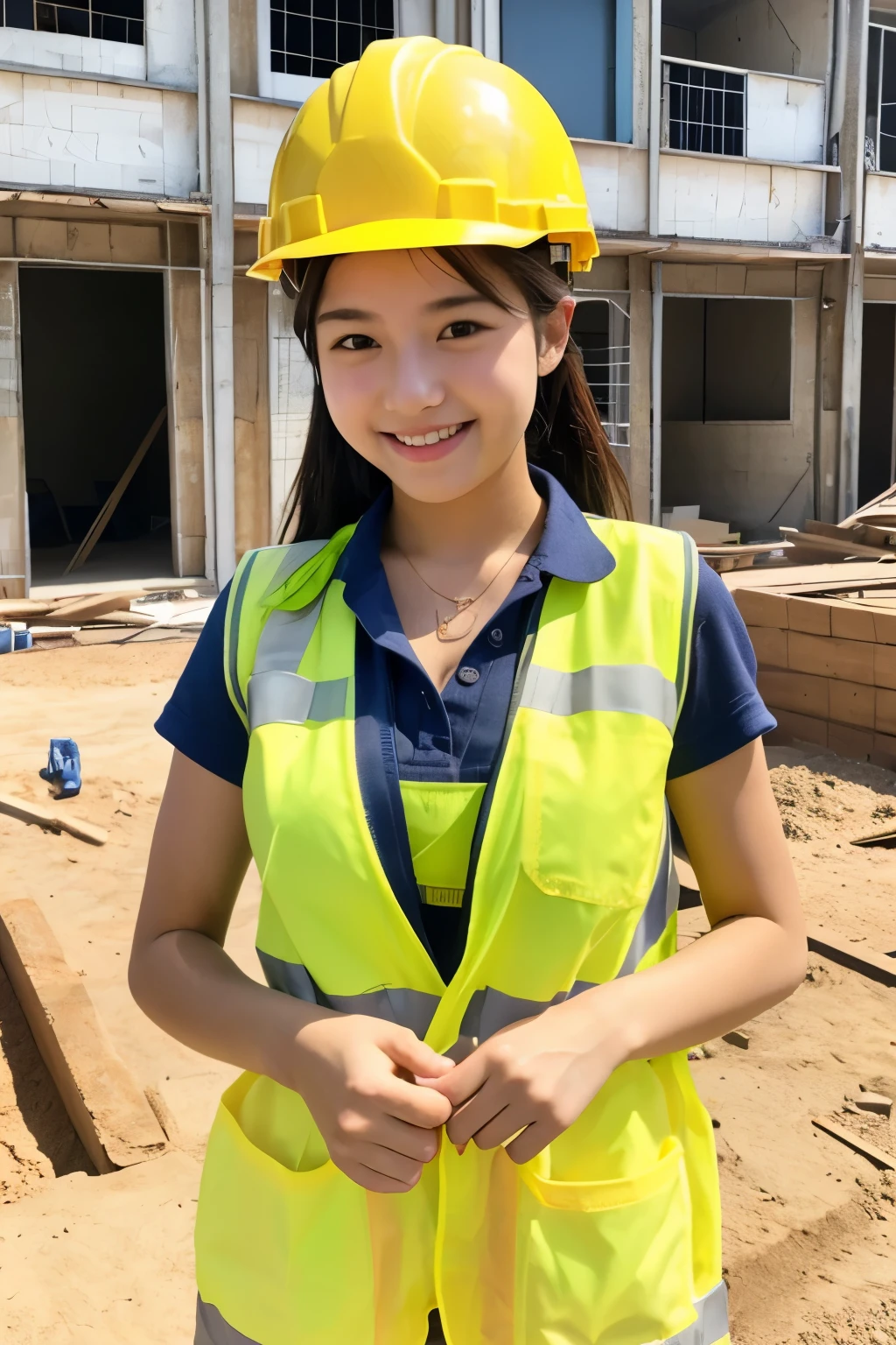 A 19-year-old girl with a very cute face like an idol.、Gentle and cute、A kind smile、Sitting and taking a break with workers at a building construction site、Yellow Helmet、Work clothes、Cleavage、彼女は暑いのでWork clothesの前を開けている、Her underwear is clearly visible、whole body、RAW Photos、Genuine、Genuine、High resolution、Genuine Life