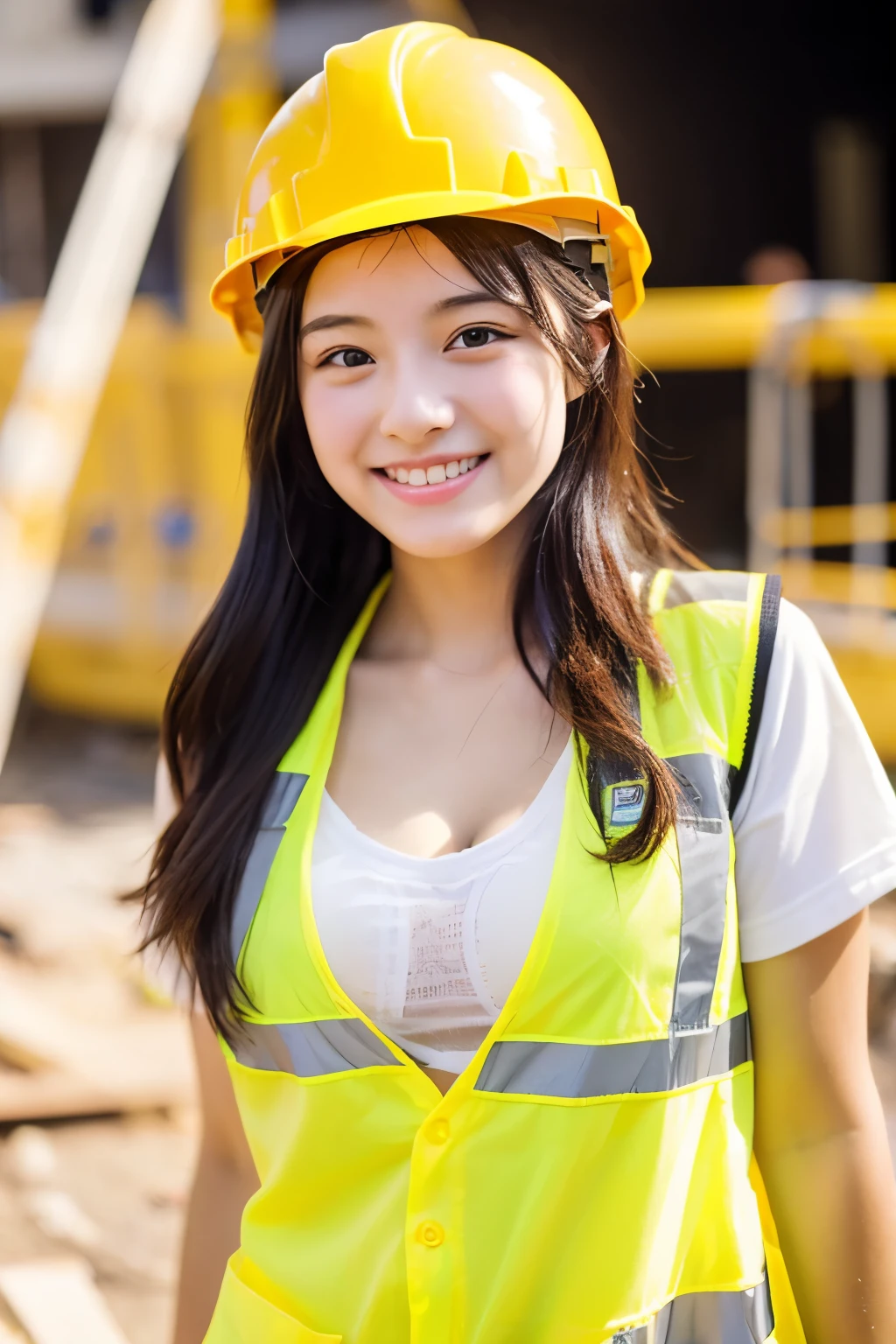 A 19-year-old girl with a very cute face like an idol who looks 15.、Gentle and cute、A kind smile、Building construction workers Yellow Helmet、Work clothes、Building construction site、Cleavage、whole body、RAW Photos、Genuine、Genuine、High resolution、Genuine Life