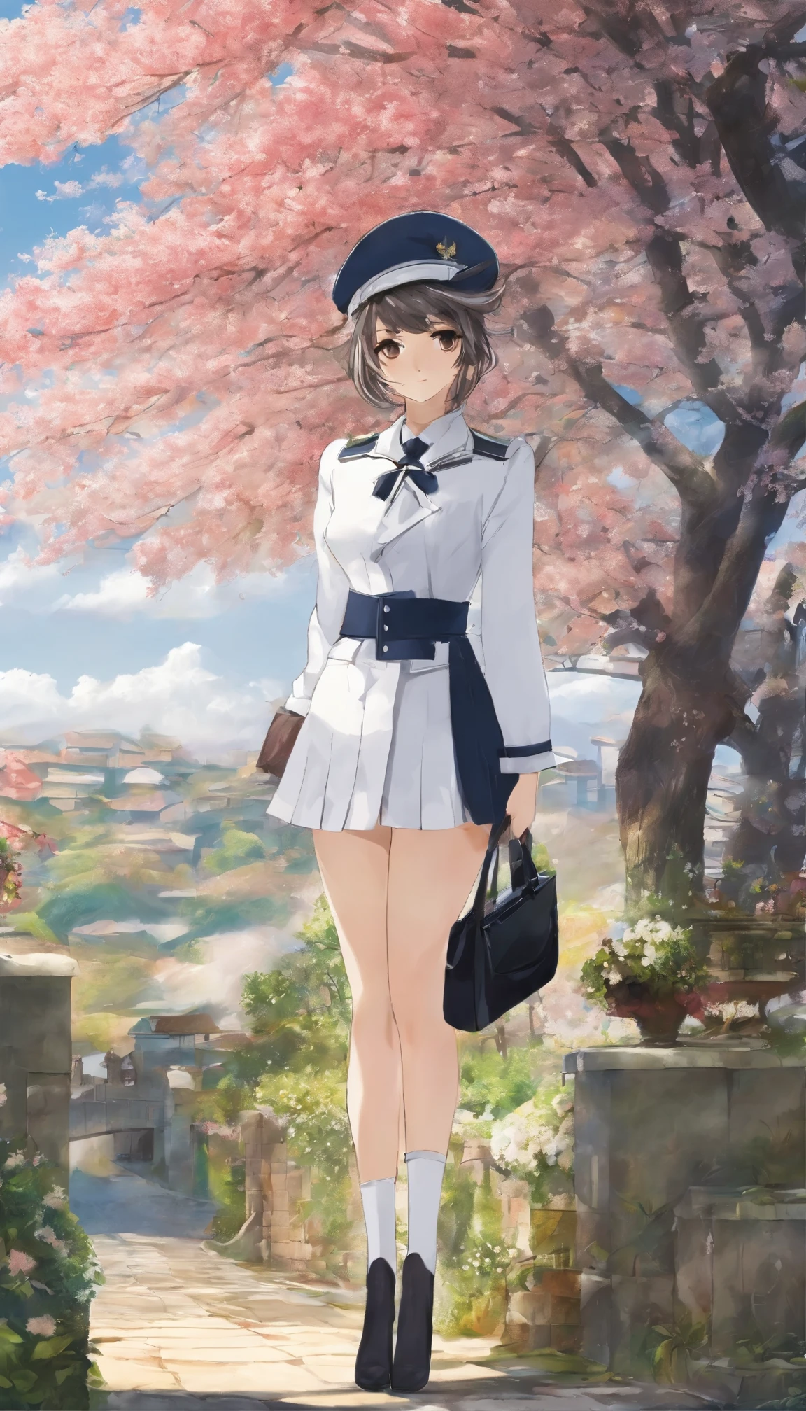 (Super detailed)highest quality:Full-body portrait of a 25-year-old woman、A delicate and beautiful face with large, expressive eyes(1.1)Introducing。Casually stylish female white collar uniform(1.2)Wear、特に襟と袖口の周りに細かいディテールが施されたオフィスユニフォームWearています。Her slim body、This is accentuated by the contrast between the sleek lines of the uniform and the elegance of the black stockings.。 The outdoor scene is bathed in soft natural light on a sunny afternoon.、It provides an idyllic backdrop for this enchanting portrait.。