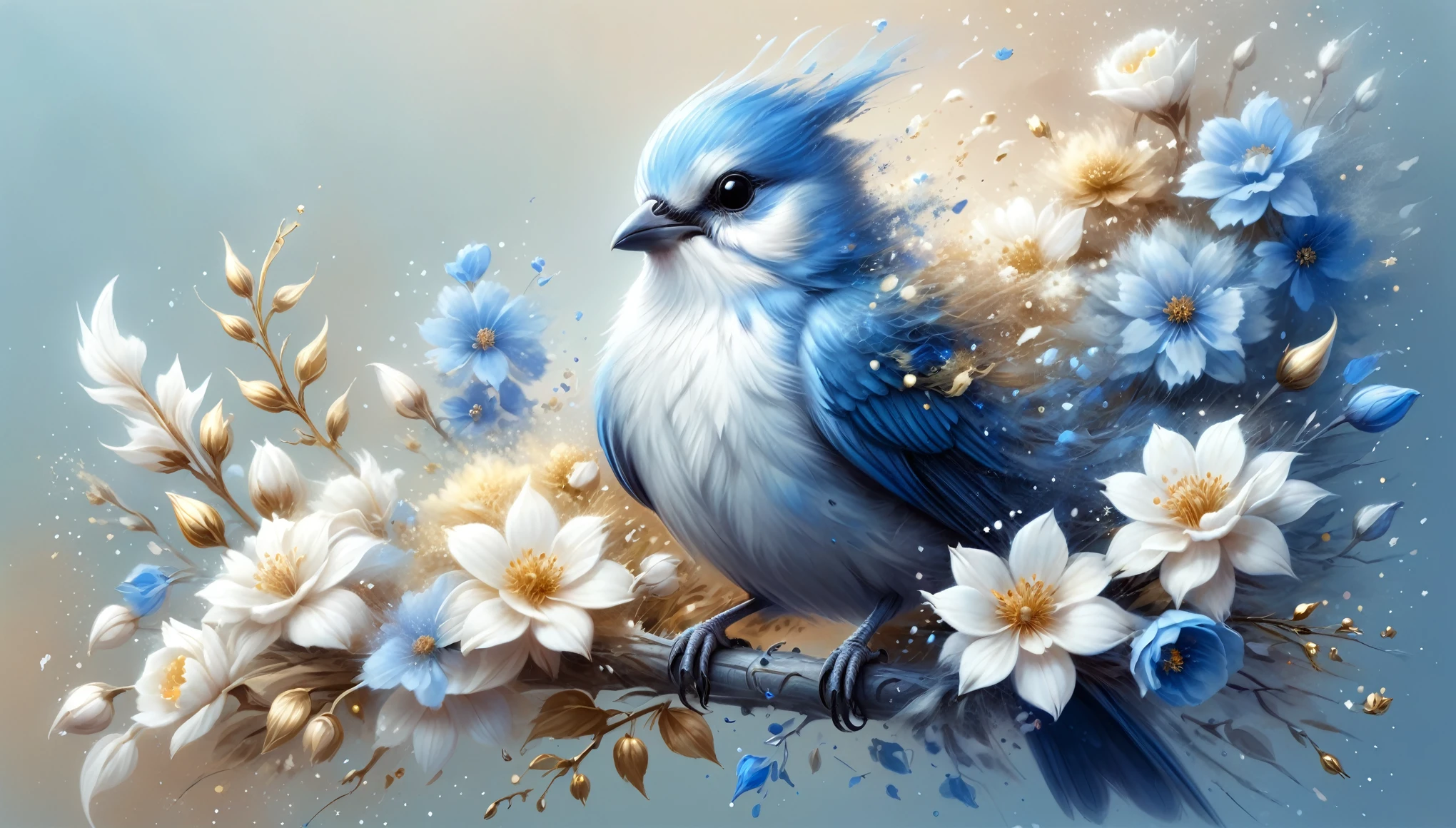 a painting of a bird surrounded by flowers, 3 d icon for mobile game, by Anne Stokes, medibang, white and gold color palette, an ai generated image, in the style of ross tran, extremely detailed fur, and blue, Ghost Festival, is looking at a bird