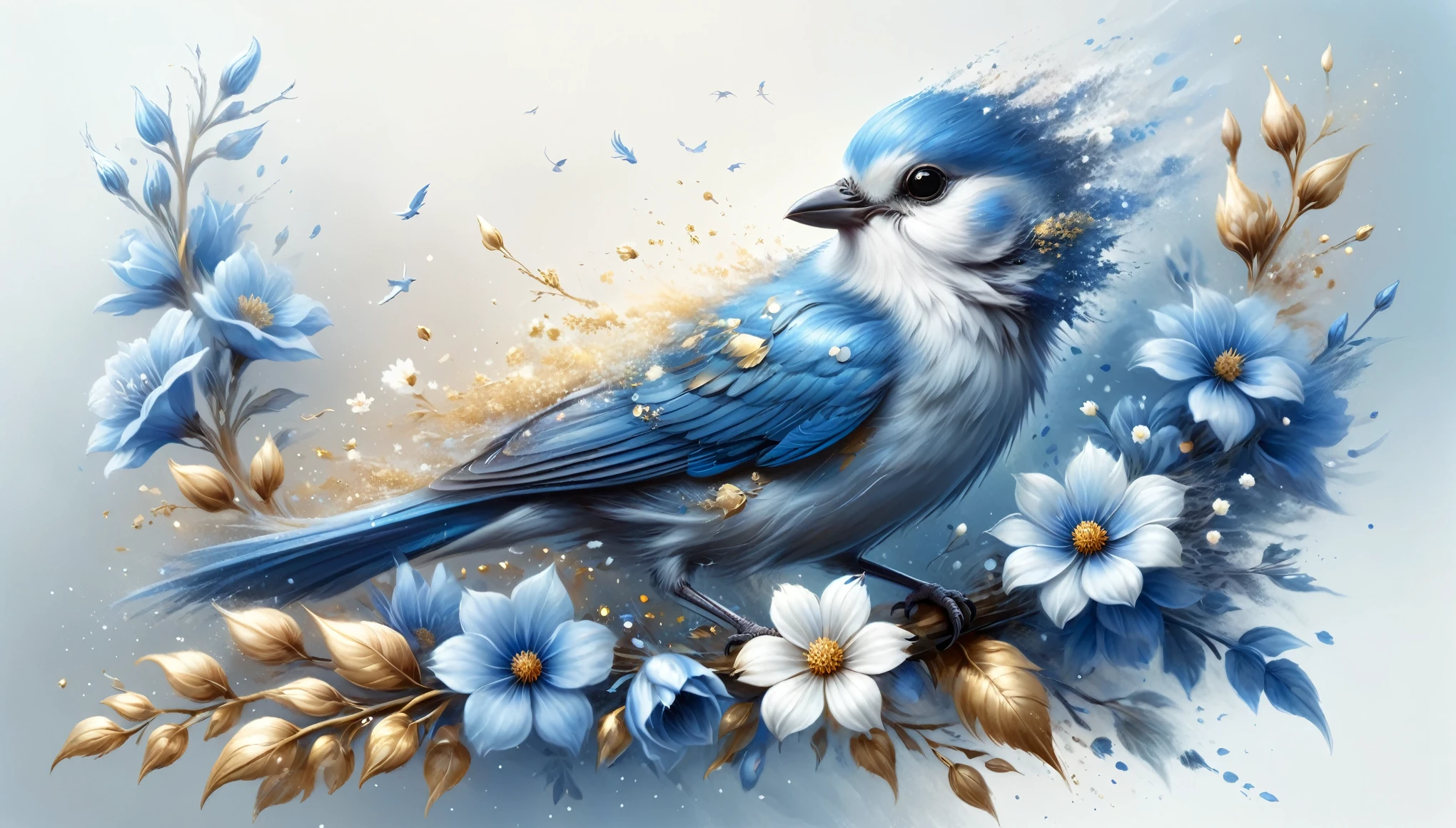 a painting of a bird surrounded by flowers, 3 d icon for mobile game, by Anne Stokes, medibang, white and gold color palette, an ai generated image, in the style of ross tran, extremely detailed fur, and blue, Ghost Festival, is looking at a bird