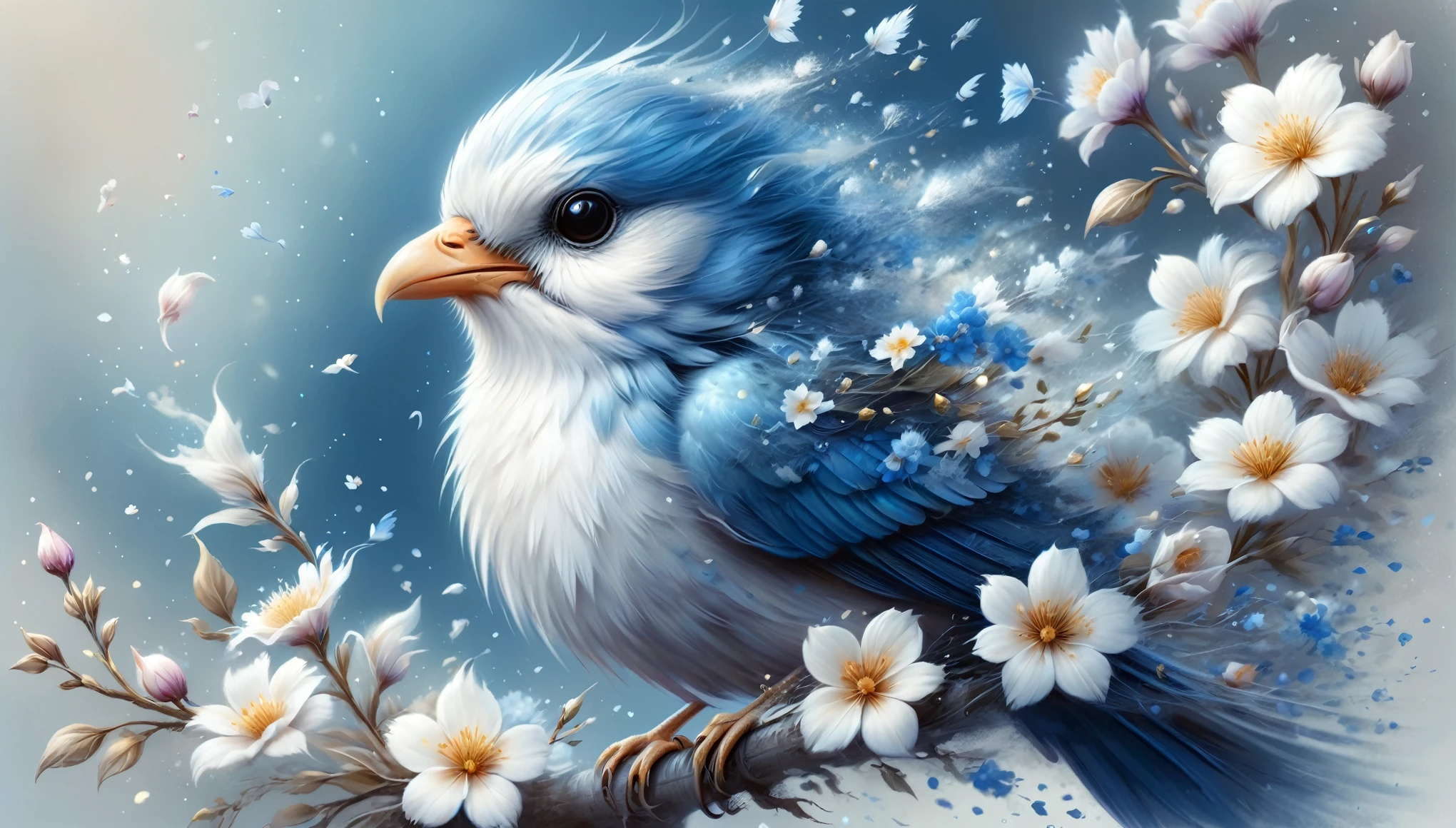 a painting of a bird surrounded by flowers, 3 d icon for mobile game, by Anne Stokes, medibang, white and gold color palette, an ai generated image, in the style of ross tran, extremely detailed fur, and blue, Ghost Festival, is looking at a bird