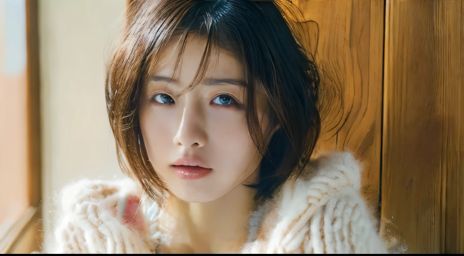 (Best quality, 8K, Masterpiece:1.3), 1 girl, (Abs:1.3), (Short to medium hair, Busty:1.2), Cardigan:1.1, Ultra-detailed face, Detailed eyes, Double eyelids
