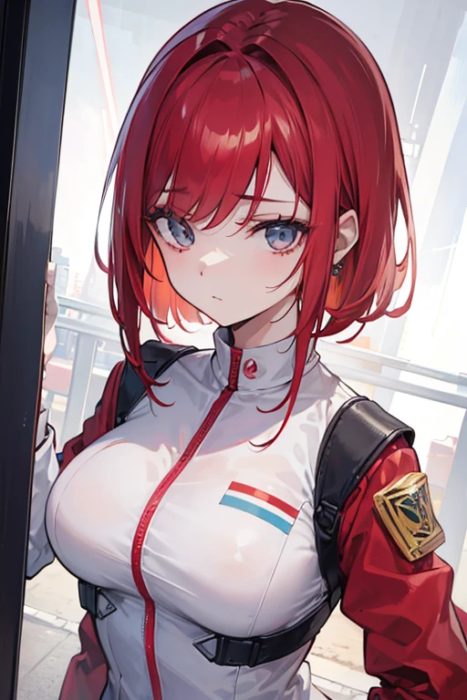mulher, 24 anos, alta, cabelo vermelho, medica, apocalipse zumb, CIDADE DESTRUIDA, corpo inteiro, usando um uniforme branco de medica, non-sexualized