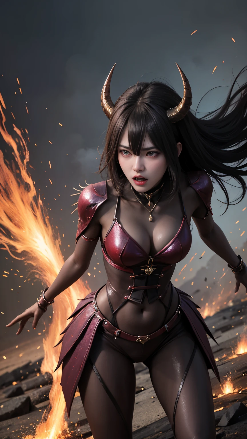 巨big ,Sparkling eyes,Purple eyes、girl、(highest quality,4K,8k,High resolution,masterpiece:1.2),Very detailed,(Realistic,photoRealistic,photo-Realistic:1.37),Mythical monster,Beast-like creature,Muscular,Six big legs,Stand like a gorilla,Red fur covering the body,two big horns,Drill teeth,Sharp Claws,Huge shape,Burning Fire Magic,Energy aura,A threatening presence,Glowing Eyes,Intimidating posture,Dark Environment,Smoke-filled air,Ominous Shadow,Majestic and fierce,Explosive power,Vibrant colors,bold,Horror art style,moving composition,Dramatic lighting,rib layer,large sharp teeth,Sharp Edges,Very detailedスケール,Burning Crack,Burning Flames,Furious expression,Burning with anger,Surrounded by sparks and embers