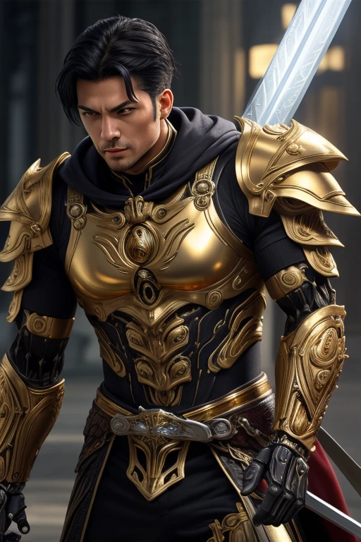 best quality,masterpiece, Warrior, Ultra high detail,A handsome muscular man,Short black hair, wearing a white and gold biomechanical filament metallic armor, with golden sword, in action,.