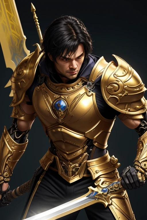 best quality,masterpiece, Warrior, Ultra high detail,A handsome muscular man,Short black hair, wearing a white and gold biomechanical filament metallic armor, with golden sword, in action,.