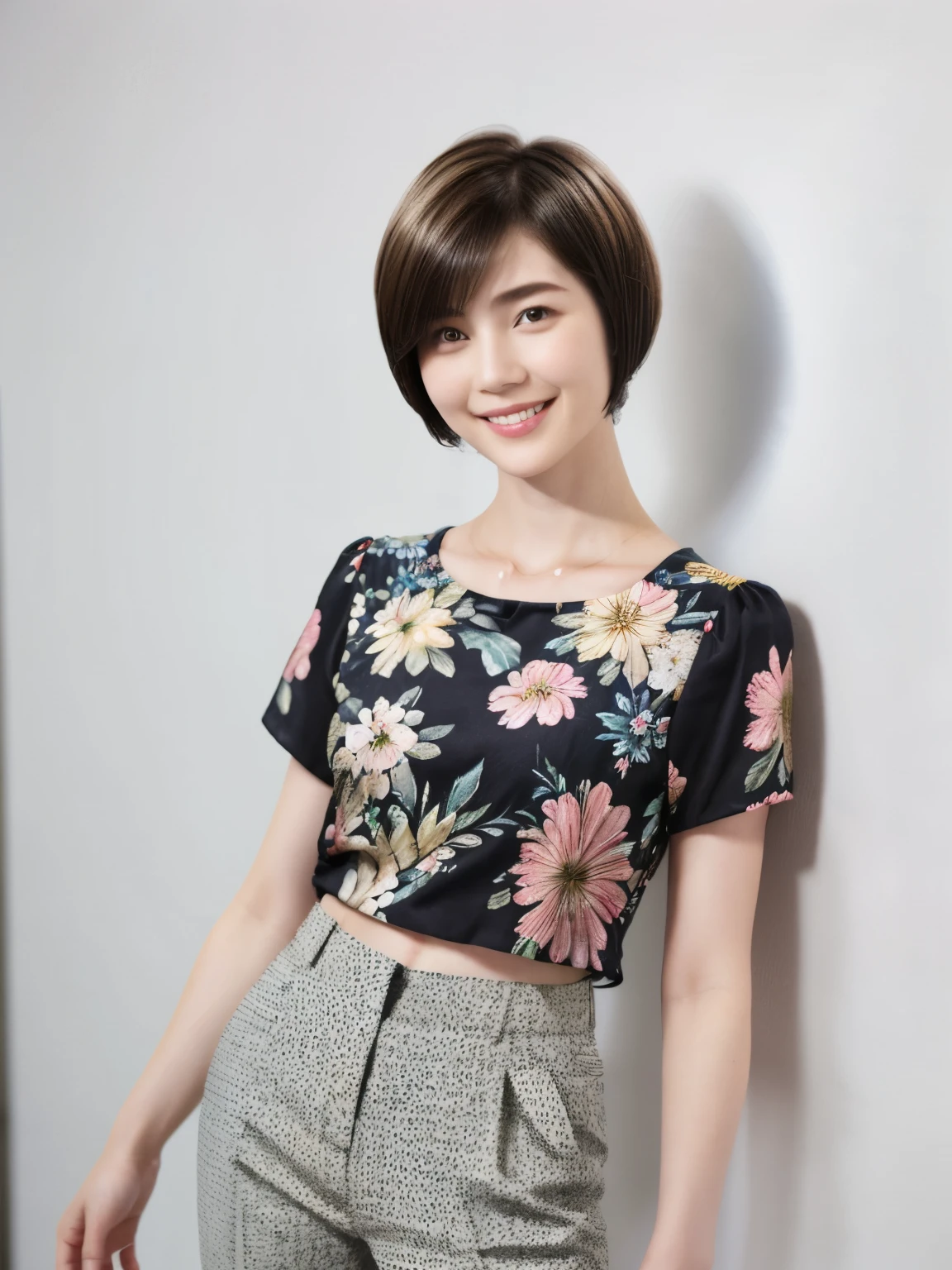 230 (18-year-old female,Floral clothes), ((short hair:1.46)), (Pants Style), (A kind smile)