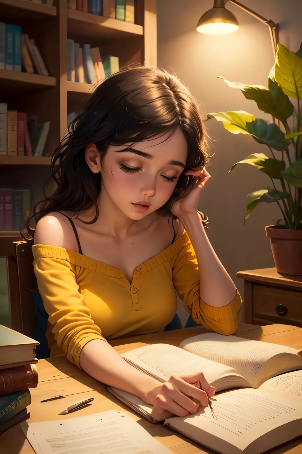 desenho em estilo pixar de mulher estudando em uma escrivaninha de madrugada, perto de uma janela, in a comfortable environment with books and plants