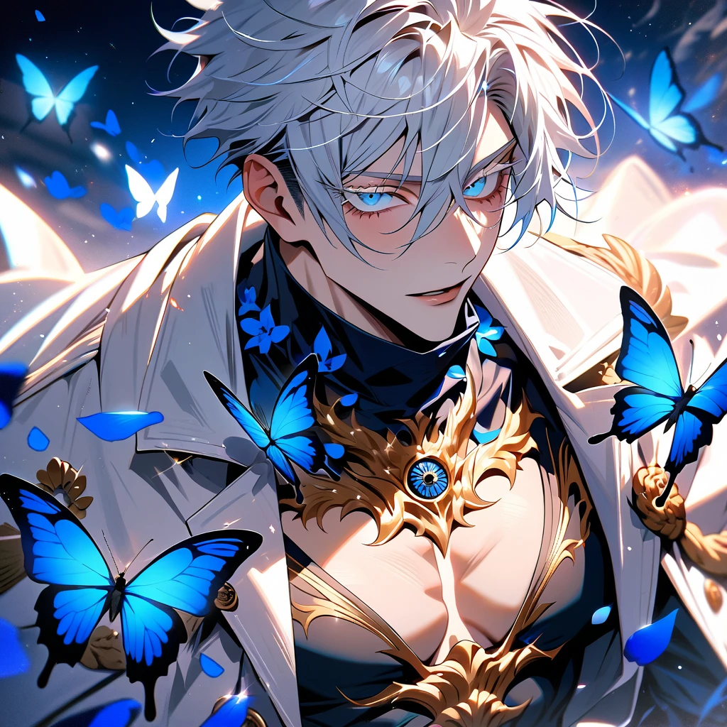 absurdres, highres, ultra detailed, HDR, master piece, best quality, Gojo Satoru, white hair, with bangs, hair between the eyes, expressive blue eyes, white eyelashes, Jujutsu Kaisen, solo, sexy man, handsome, white coat, black tight shirt, toned chest, glittering blue butterflies, blue petals, blue flowers, magical, fantasy, blue background