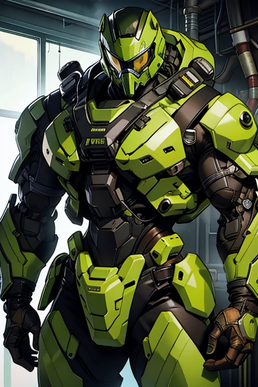 White and green muscle robot with gas mask