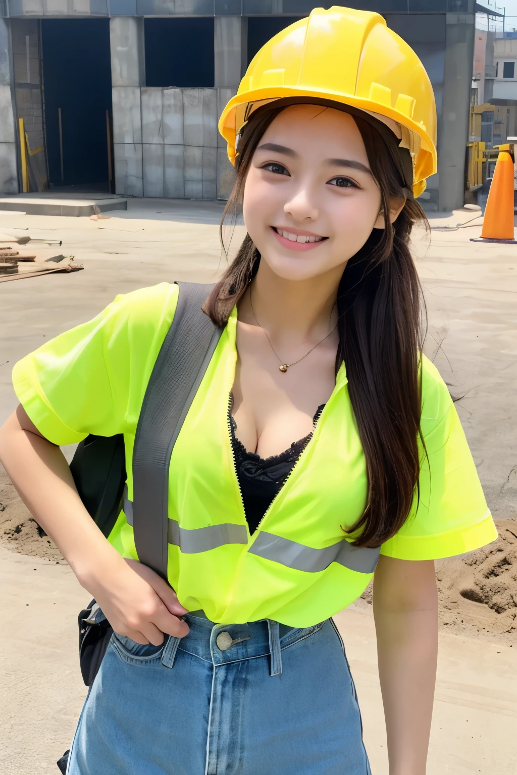 A 19-year-old girl with a very cute face like an idol who looks .、Gentle and cute、A kind smile、Building construction workers Yellow Helmet、Work clothes、A building construction site with many male workers、Cleavage、whole body、RAW Photos、Genuine、Genuine、High resolution、Genuine Life