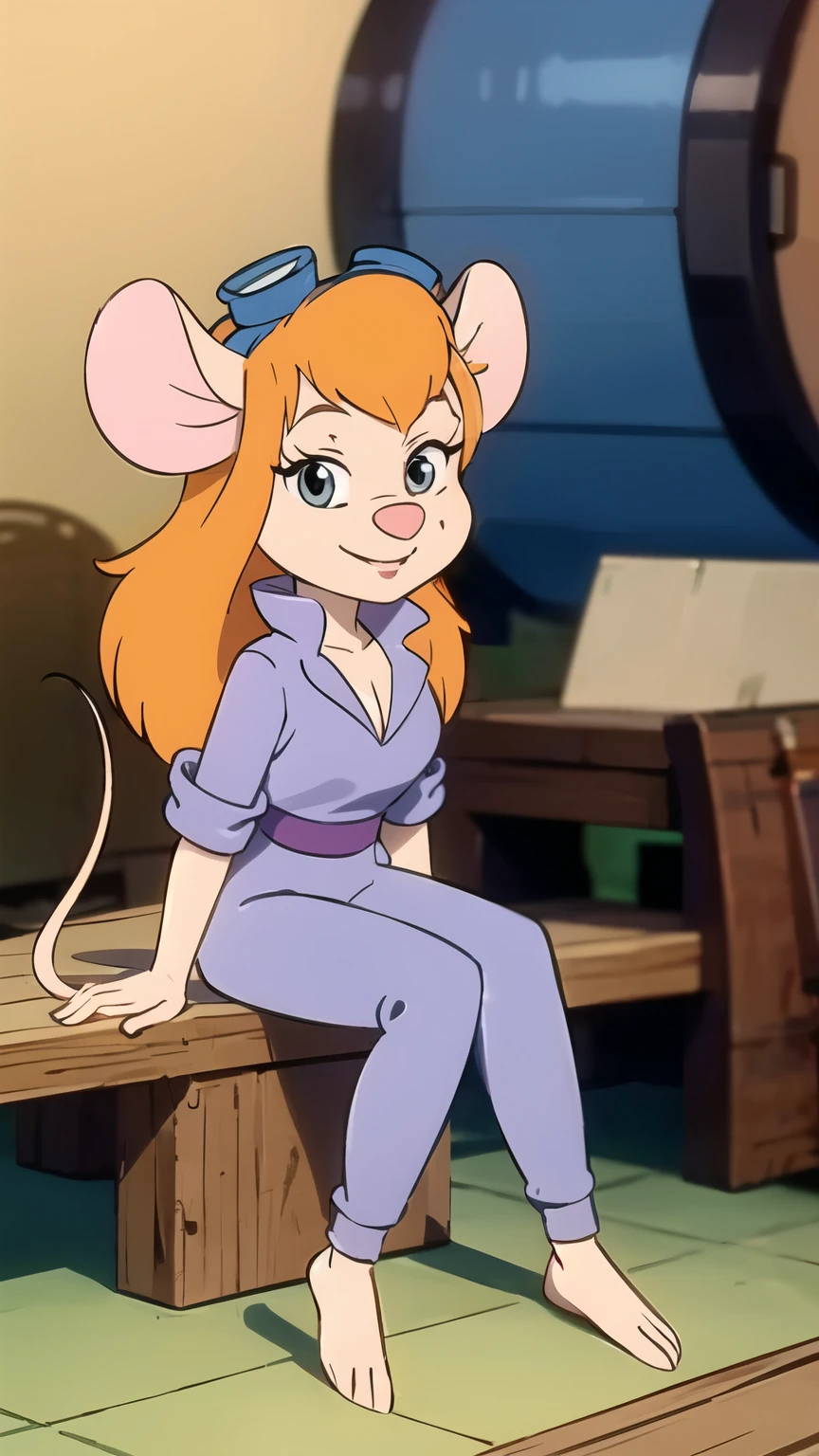 CARTOON_gadget_hackwrench mouse, mouse girl, animal nose, orange hair, jumpsuit, goggles on head, bare feet, animal feet, smiling, long mouse tail, workshop background, work bench, cleavage 