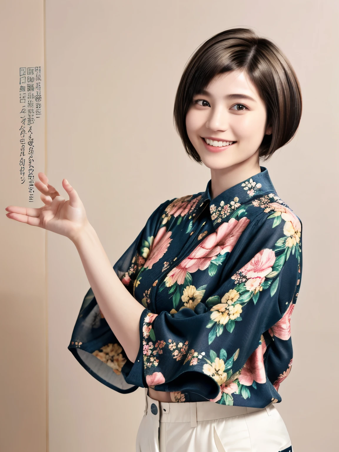 230 (18-year-old female,Floral clothes), ((short hair:1.46)), (Pants Style), (A kind smile)