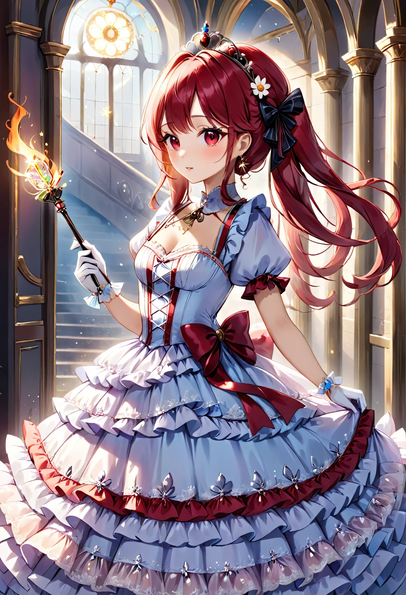 (best quality,4k,8k,highres,masterpiece:1.2),ultra-detailed, Pretty 15 years old princess, drawn in anime style, is cute and happy, long red twin tail hair, pink eyes, small breast, makeup and lipstick, steampunk, red and white ball gown with big puffy sleeves, physically-based rendering,gorgeous princess dress design,flowing gown,elaborate lace details,rich textures,contrast stitching,delicate ribbon bows,floral accents, daisy flowers embroidery, full skirt,short sleeves,fitted waistline,flared cuffs,lace-up back,luxurious fabrics,flawless silhouette, petticoat, bloomers, bustle, corset, hair ribbons, white elbow gloves, ruby earrings and necklace, gold tiara, high heels, holding a fire magic wand, walking in castle hallway, highly detailed, 4K.