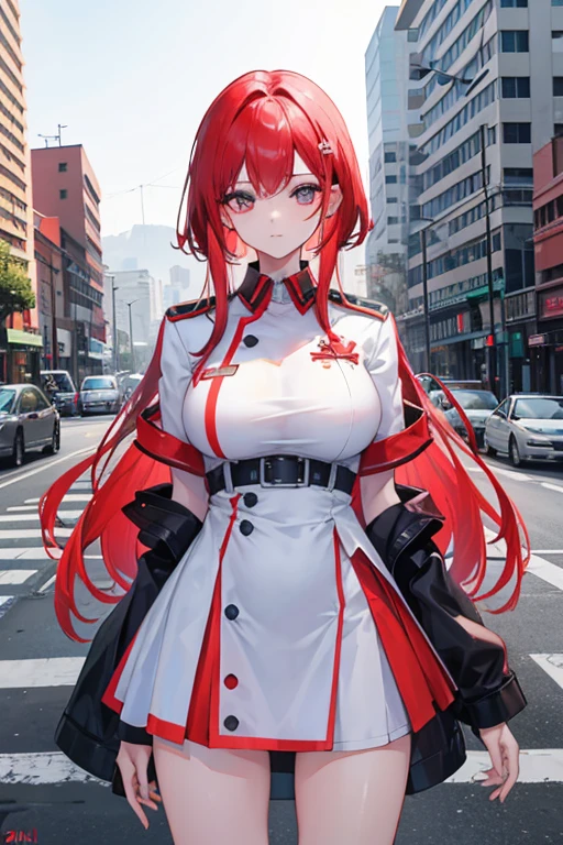 mulher, 24 anos, alta, cabelo vermelho, medica, apocalipse zumb, CIDADE, corpo inteiro, usando um uniforme branco de medica, non-sexualized