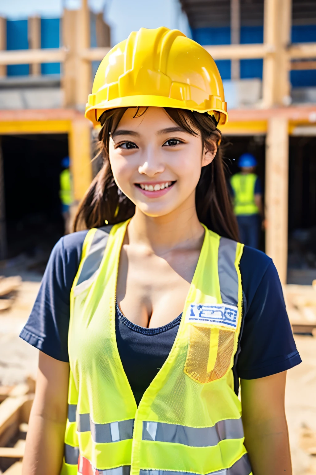 A 19-year-old girl with a very cute face like an idol who looks 15.、Gentle and cute、A kind smile、Building construction workers Yellow Helmet、Work clothes、A building construction site with many male workers、Cleavage、whole body、RAW Photos、Genuine、Genuine、High resolution、Genuine Life