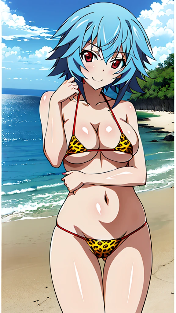 (masterpiece, 4K, highest quality, anime style: 1.9, Detailed face, Lovely, Ocean,Bold Line, High resolution, anime, Lake 4. alone, Curvaceous, Thighs, Cleavage, Mid-chest, smile, Please open your mouth wide, Very slim belly, Cowboy Shot,Leopard print micro bikini,1 girl、Further Applications(infinite stratos),,short hair,Blue Hair,Red eyes,