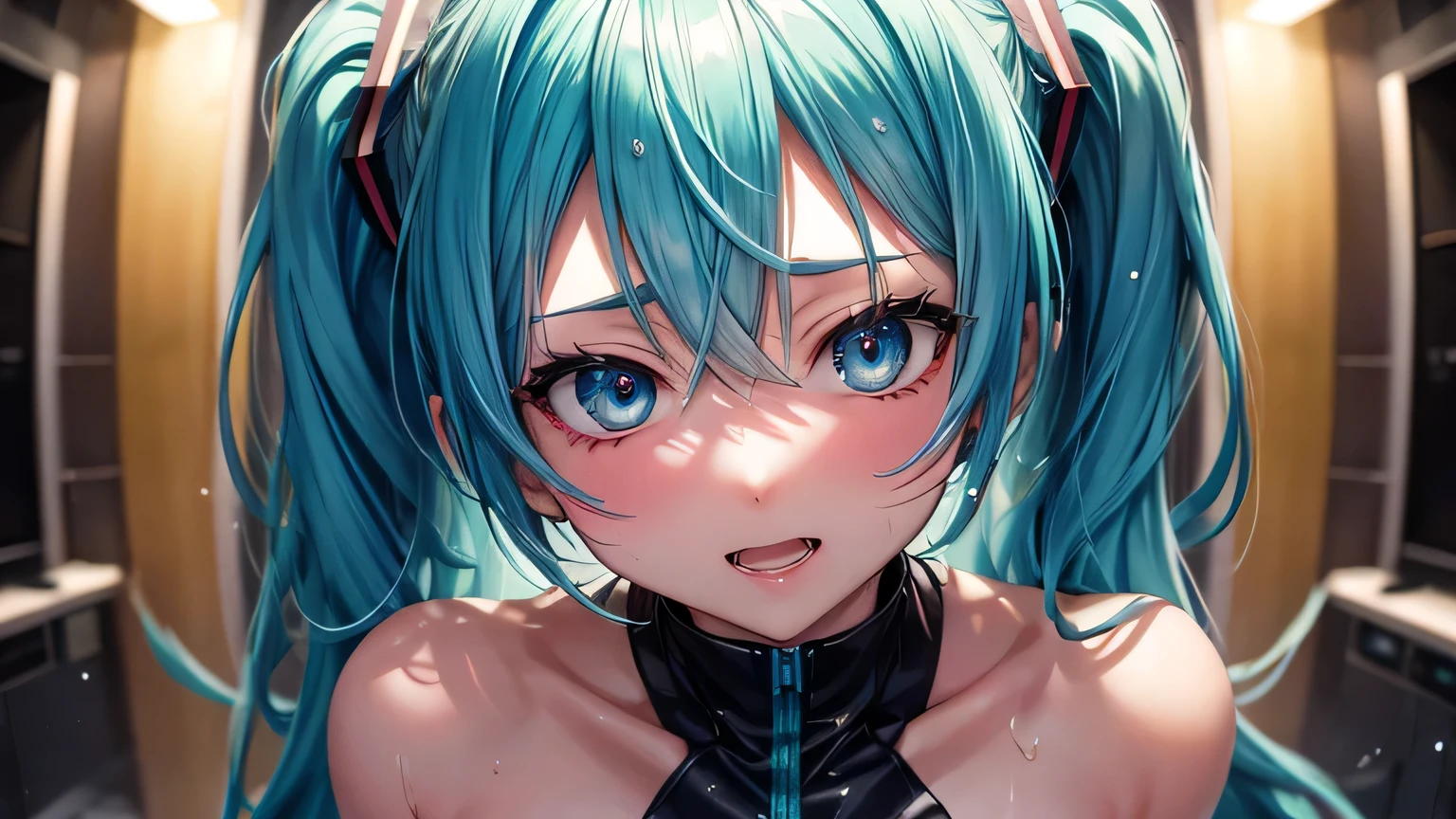 miku hatsune : 1.3, Blue Hair: , Cinema Lighting, Surrealism, Ultra-high resolution, Accurate, Super detailed, Textured skin, High detail, highest quality, 8k,Thin bangs, (Colorful splashes),Colorful Bubbles,(The Shining), Thick body, No sleeve, Well drawn hands, Focus on the face, Long fangs,Rainy Town,Wet clothes,
