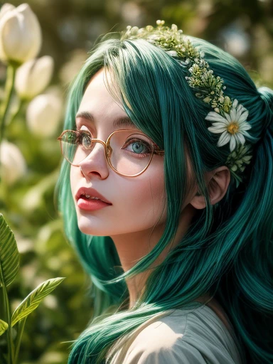 (melhor qualidade,4k,high resolution,Obra de arte:1.2),ultra-detalhado,realista,retrato, inteligente e confiante, Lilly Krug, Jaqueta azul,olhos detalhados, detailed lips,inteligente,wearing glasses,na moda,parado em um jardim vibrante,flores bonitas florescendo,Colorida,soft lighting,folhas farfalhando na brisa,atmosfera serena,criatividade,harmonia,energia positiva,Feeling of tranquility,felicidade,artistic style,tons de azul e verde,pinceladas finas,meticulous attention to detail,professional illustration,exquisite rendering,cores vivas,vista perfeita,Perfectly balanced composition,efeitos de pintura hipnotizantes,obra de arte inspiradora