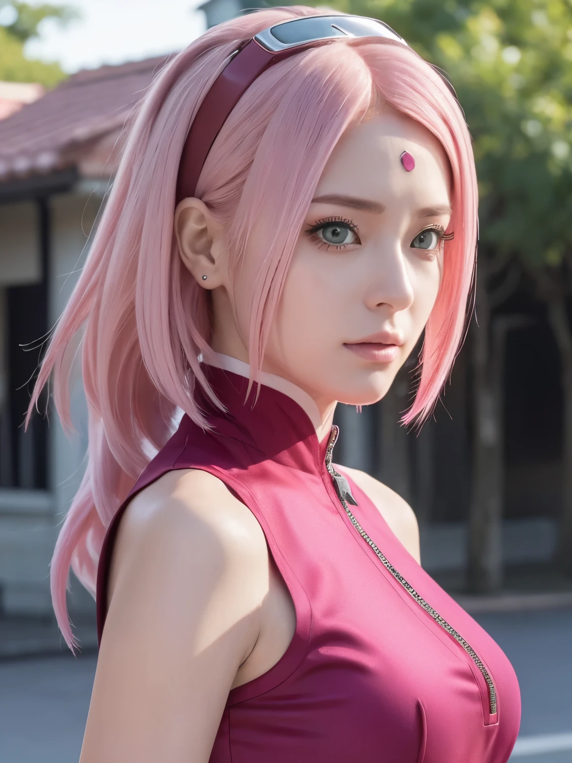 (((masterpiece+highest quality+High resolution+Very detailed))), Sakura Haruno, solo, (([woman]: 1.3 + [beauty]: 1.3+ pink hair: 1.5)), pink eyes, Bright Eyes, Dynamic angles and postures, wallpaper, ((natural big breasts:1.2)), Sakura Haruno outfit, (Ultra Realistic:1.5), (Photo Realistic:1.5), (UHD:1.5), red qipao dress(sleeveless ) with slits along the sides accompanied by a zipper and white circular designs, crystal tattoo at the forehead
