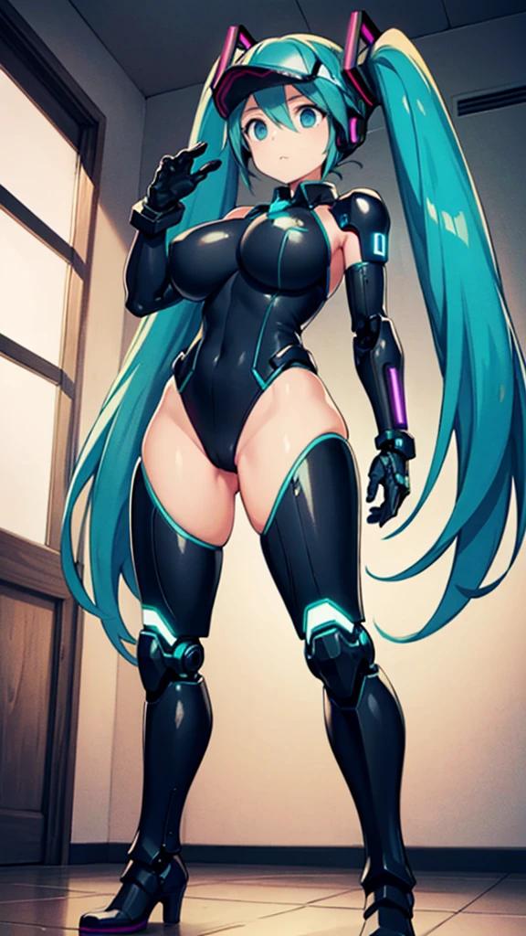 1girl, solo, (hatsune miku), big breasts, aqua hair, aqua eyes, twintails, heavy cybernetic boots, heavy cybernetic gauntlets, heavy cybernetic leotard, high heels, (heavy cybernetic visor:1.1), cybernetic face mask, cybernetic armor plating, mechanical parts, determined, glowing neon, thrusters, armor cooling vents, android, science fiction, motorcycle, mobile suit, good_face:0.8