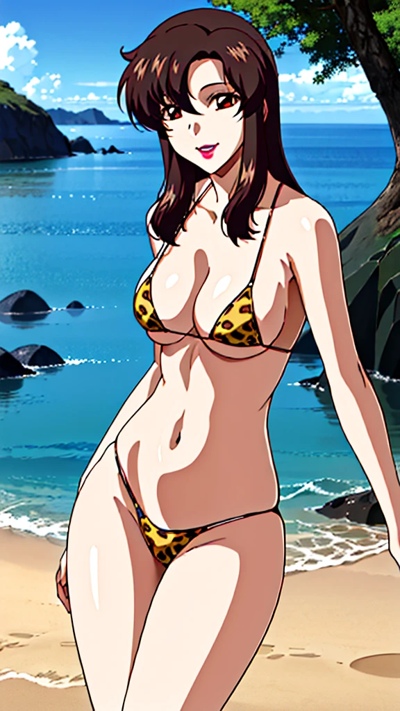 (masterpiece, 4K, highest quality, anime style: 1.9, Detailed face, Lovely, Ocean,Bold Line, High resolution, anime, Lake 4. alone, Curvaceous, Thighs, Cleavage, Mid-chest, smile, Please open your mouth wide, Very slim belly, Cowboy Shot,Leopard print bikini,1 girl、Mori Ran,(Black Hair, Long Hair, Wavy Hair)