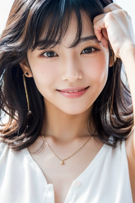 highest quality,8k, Detailed facial depiction, Detailed description of the eyes, Black Hair(wavy shoulder-length hair),Beautiful Japanese Woman, 21 years old, The body is slim, Medium breast size, whole body,Beautiful legs, smile、 necklace, Mole around the mouth,Underarm,White blouse