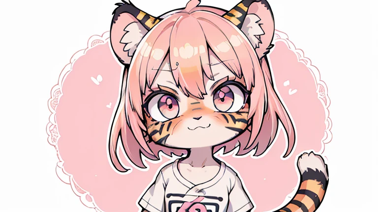 (obra maestra, Alta calidad, mejor calidad, 8K, high resolution), ((estilo chibii, Chibi lindo)), (solo, 1 girl), {Tiger Girl, cara de tigre, 2 colmillos, long eyelashes, delineador de ojos} {bigotes de tigre}, (((Piel de tigre por todo el cuerpo., Rayas de tigre en el cuerpo.))), (pelo naranja), cabello corto, Pinza para el cabello, [[Pinza para el cabello white flower on hair]], ((Muy feliz)), ((boca abierta)), ojos naranjas, [pupilas negras], ((buscando)), (very small breasts), brazos delgados, (un brazo arriba, un brazo hacia abajo), axilas, ((mini camiseta rosa, camiseta rosa completa)), {shorts blancos}, {{{mini cola de tigre, Cola en la espalda}}}, (cuerpo completo), (((de pie, jump angle))), dynamic pose, Fondo blanco, fondo sencillo, ((((Estilo Tora-chan no Hanayome)))), (old anime style 40s), estilo animado, anime color.