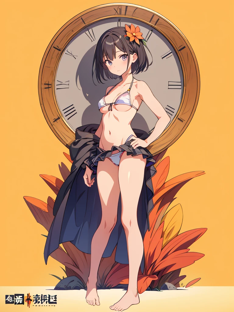 1girl、Standing in front of the viewer、vtuber-fullbody、highest quality、Masterpiece、Official Art、The best composition、Super detailed、short hair、Simple bikini、Small breasts、barefoot、Simple Background、Upright Pose、Character Design、Front standing portrait、